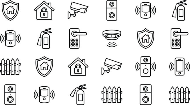 Home security and smart protection line icon set featuring surveillance, alarms, access control, and safety system symbols