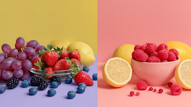 Fresh summer berries and citrus fruits arranged in a colorful split-screen composition with vibrant yellow, pink, and purple color blocks showcasing healthy eating