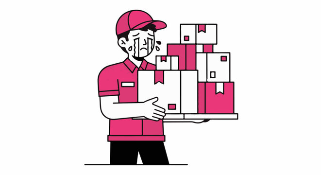 Delivery worker carrying stack of cardboard boxes.