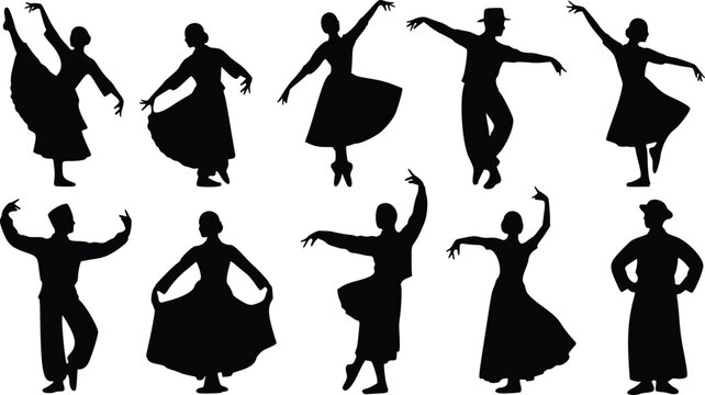 Dancing Silhouettes, Ballet, Folk Dance, Performance, Silhouette Dancers, Vector Illustration
