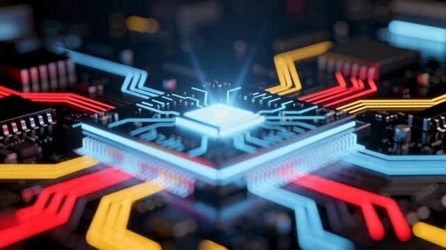 Close up of glowing computer microchip with colorful circuit lines on black motherboard background