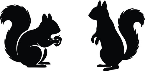 Black silhouette icons of squirrels, one holding an acorn, isolated on a white background for design projects © Abida