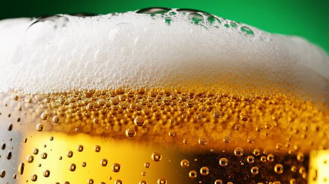 Close up of a refreshing cold beer with bubbles and frothy foam on a green background