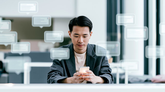 Young Asian man scrolling phone surrounded by floating chat notifications, visualizing digital overload, corporate stress and modern multitasking anxiety. Perfect for tech and mental health projects.