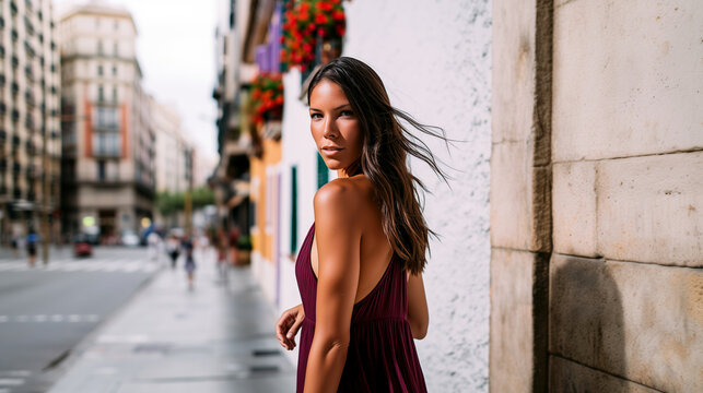 Young woman in backless fuchsia dress looking over shoulder on sunny European street with flower balconies. Summer travel, Mediterranean lifestyle, fashion editorial, vibrant urban atmosphere concept.