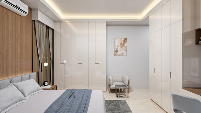 Luxury modern bedroom interior design featuring a grey upholstered bed, wooden wall paneling, custom wardrobes, and a cozy armchair seating area. 3D illustration of a contemporary suite.