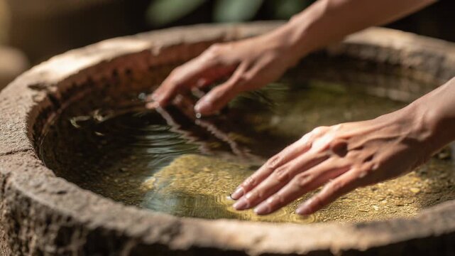 Close up of hands touching clear water in a rustic stone basin for relaxation and wellness