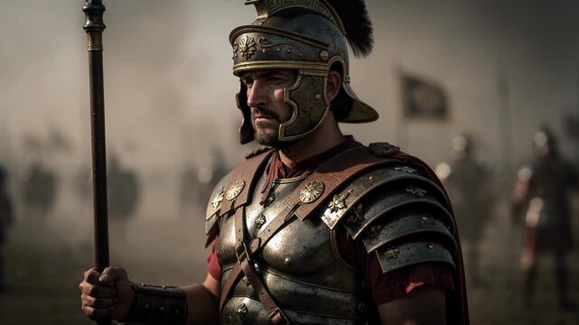 Ancient Roman soldier in detailed armor holding spear with blurred battlefield background