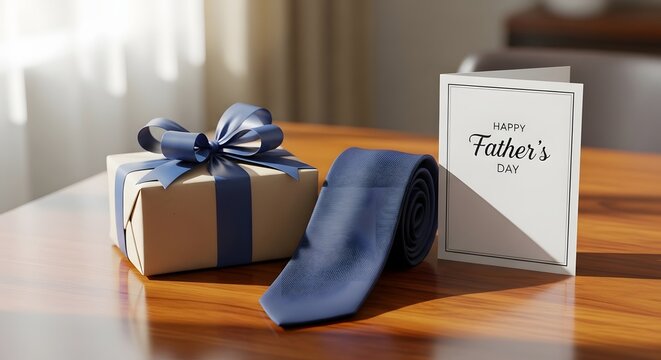 Happy fathers day gift ideas blue tie card and present