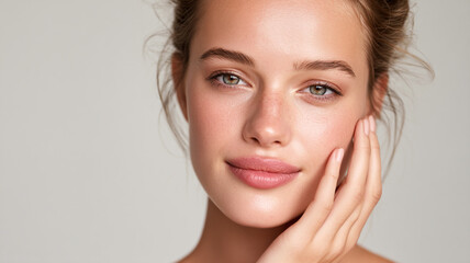 Obraz premium Beautiful woman touching her face, clean glowing skin, natural texture, soft lighting, beauty commercial style