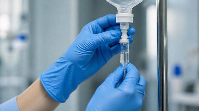 Close up of nurse preparing intravenous drip in hospital.