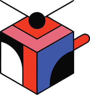 Bauhaus style geometric cube illustration, abstract isometric box with primary colors, minimalist de stijl art vector for modern branding and posters