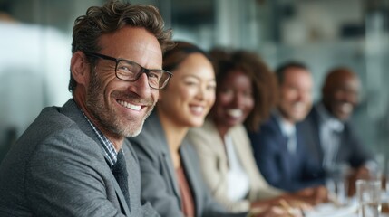 Obraz premium Confident multicultural business team smiling during corporate meeting in modern office, showcasing leadership, teamwork, collaboration and professional success.generative ai