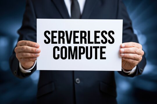 Businessman holding a paper with the conceptual text SERVERLESS COMPUTE