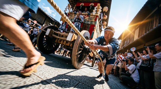 Traditional Japanese matsuri festival parade with people pulling wooden float