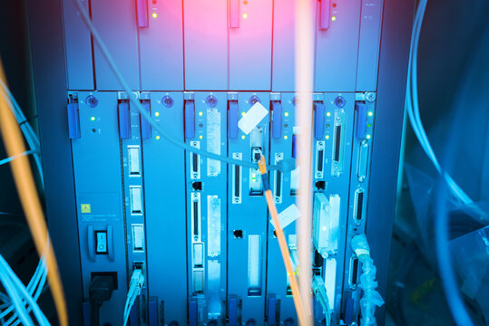 Data Center Server Racks with Network Cables and Lights