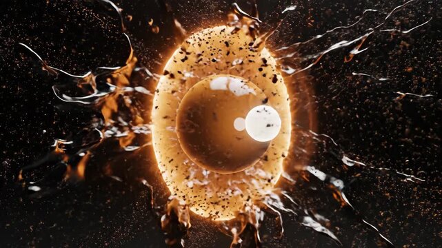 Gold sphere colliding with liquid gold. Collision of glowing round objects creating abstract metallic splash. Science experiment demonstrating fluid dynamics physics