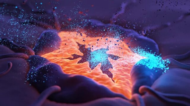 Dynamic 3D Animation Of Cellular Processes Featuring Glowing Orange And Blue Particles In A Vibrant Medical Environment Ideal For Health And Biotechnology Projects