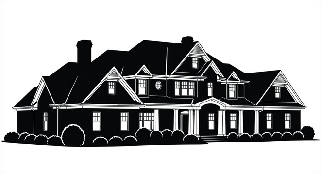 Elegant black and white silhouette of a large suburban mansion