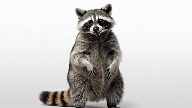 Close-up of a standing raccoon with detailed fur and expressive face on white background