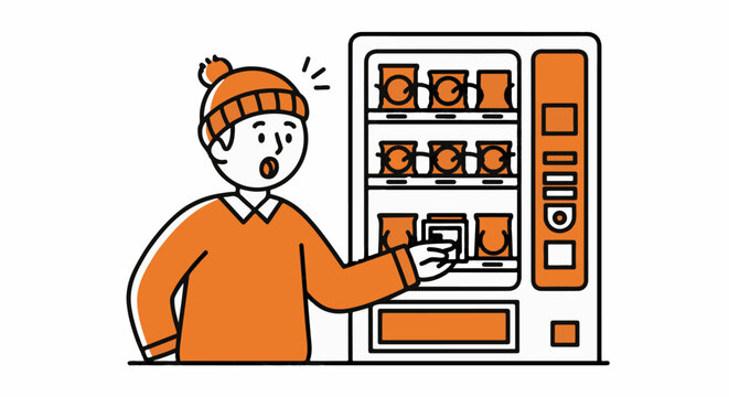 Excited person selecting snack from vending machine.