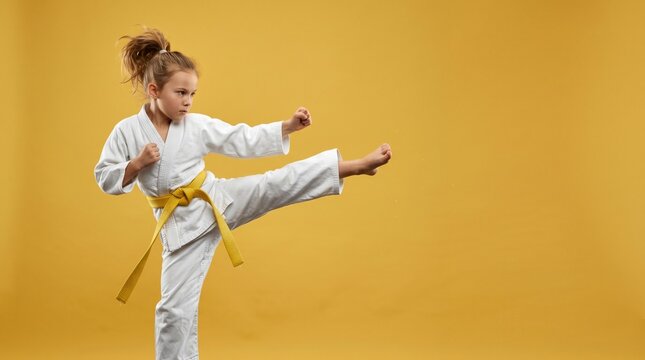 Young girl in karate uniform performing a side kick against a yellow background