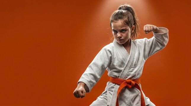 Young girl in a white karate gi with an orange belt, striking a pose on an orange background.