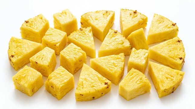 Freshly cut yellow pineapple chunks arranged neatly on a clean white surface capturing the vibrant tropical fruit texture and color