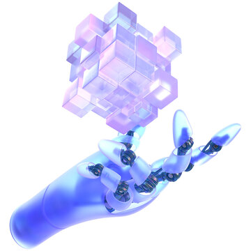 Futuristic robotic hand holding a glowing digital cube isolated on transparent background