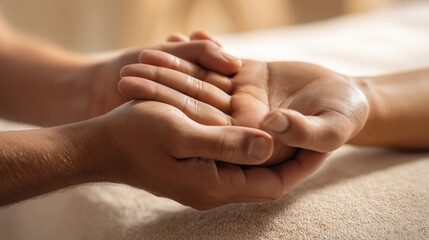 Fototapeta premium Therapeutic Hand Massage With Glowing Hydrated Skin Texture In Warm Beige Wellness Spa Featuring Relaxation Recovery And Luxury Self Care Mood