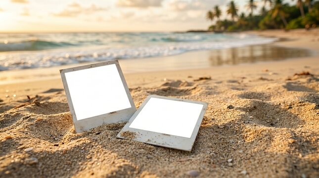 Two weathered, blank instant photo frames resting on beach sand during a warm tropical sunset with ocean waves in the background