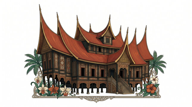 Traditional Minangkabau Rumah Gadang Architecture Illustration, West Sumatra Indonesia Heritage House with Curved Horn Rooftops and Tropical Flowers