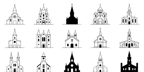Fototapeta premium Churches Icon Set of Medieval Gothic and Modern Architecture with Line Art Outlines and Simple Vector Silhouettes