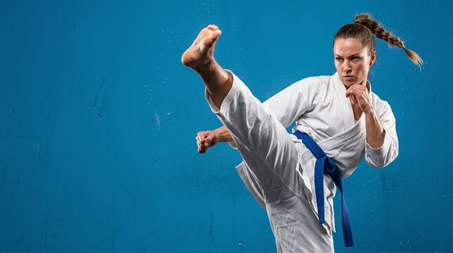 Karateka performing a high kick against a blue background