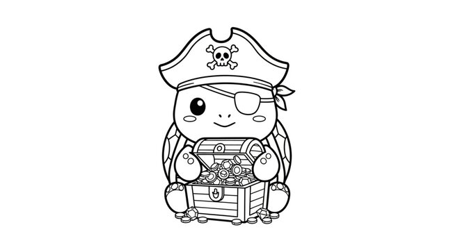 Cute cartoon pirate turtle with eye patch and hat holding a treasure chest full of gold coins, black and white outline illustration for coloring book.