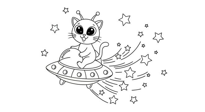 Cute cartoon cat astronaut riding a UFO spaceship through starry outer space, black and white line art for coloring