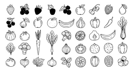 Doodle sketch fruits vegetables and berries vector set with hand drawn organic healthy food illustrations © MDSHAHIN