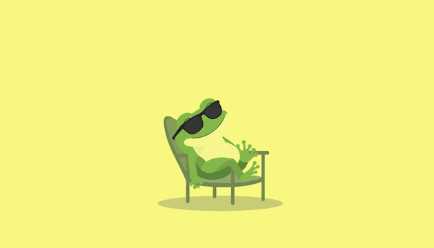 A cute green frog lounges on a small chair with crossed legs and a relaxed smile.