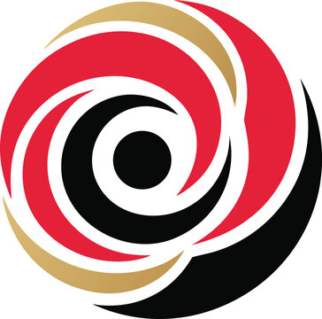 Abstract circular rose logo vector, stylized floral swirl icon in red black and gold, modern geometric flower emblem for luxury branding