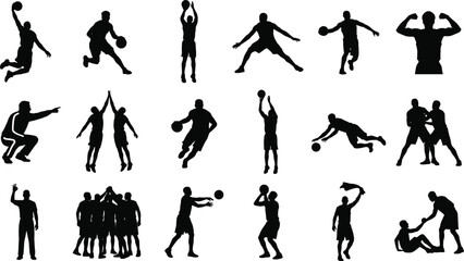 Basketball Player Silhouette Collection Featuring Dribbling Shooting Teamwork Training and Competitive Sports Action Poses © Liton
