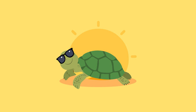 A friendly turtle lies on its back sunbathing with tiny sunglasses in a tropical relaxed scene.
