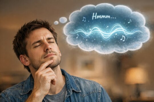 A person thinking deeply with a thought bubble above their head, great for representing creativity or problem-solving