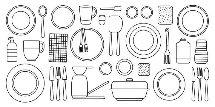 Dishes and Utensils Set with Plates, Cups, and Cutlery in Line Art Style Featuring Forks, Knives, Spoons with Bowls and Mugs Elements For