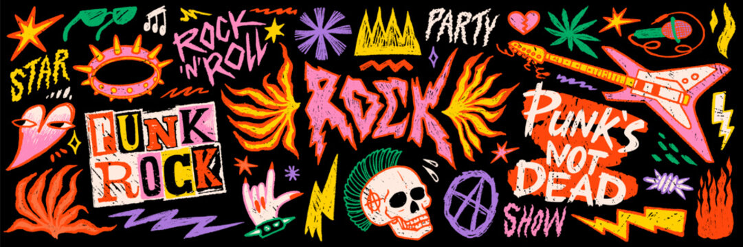 Punk rock music sticker set with guitar, skull, fire and handwritten doodle typography in colorful funky style on black background. Rock punk graphics for posters and merch