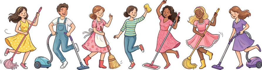 Cheerful cartoon people cleaning house together with vacuum, broom and mop in fun dynamic household activity vector illustration © Danial