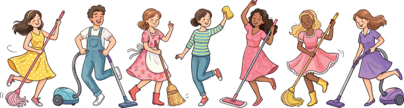 Cheerful cartoon people cleaning house together with vacuum, broom and mop in fun dynamic household activity vector illustration