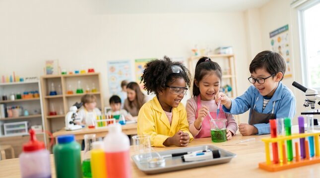 Children performing a science experiment in a classroom