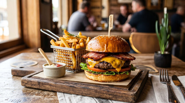 Delicious gourmet hamburger with melted cheese and crispy bacon served with french fries on a wooden restaurant table
