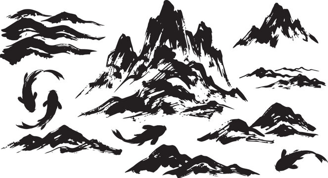 Traditional oriental ink painting of mountains, waves and koi fish vector set