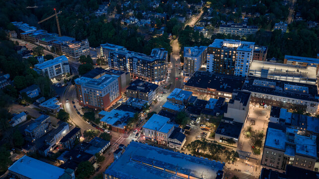 Ithaca, NY, USA - 05-18-2026  Night aerial photo of Ithaca, NY downtown, commons, on a spring evening.